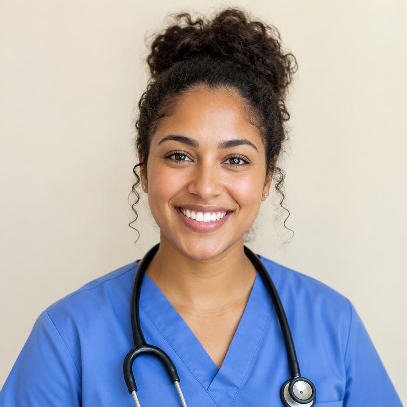 Smiling clinician in scrubs