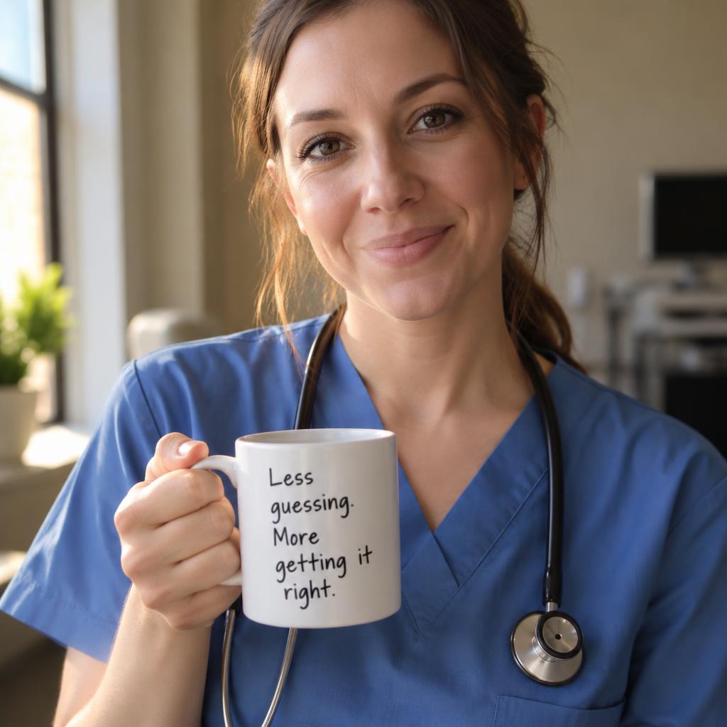 Nurse holding a mug that reads Less guessing. More getting it right.